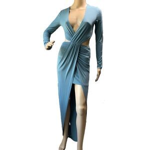 Windsor Blue Cutout Deep V-Neck High Slit Coquette Soft Girl Evening Dress Small